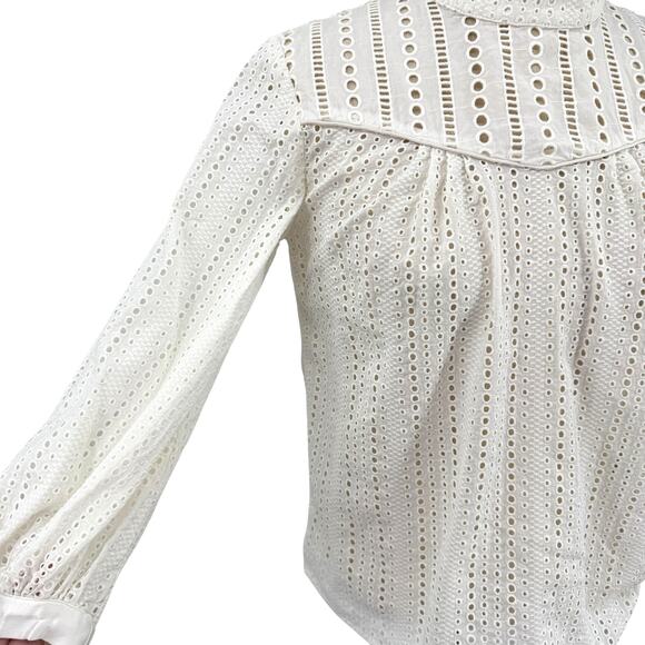 Banana Republic White Eyelet Mock-Neck Peasant Blouse 3/4 Sleeves Size Small - Picture 4 of 7